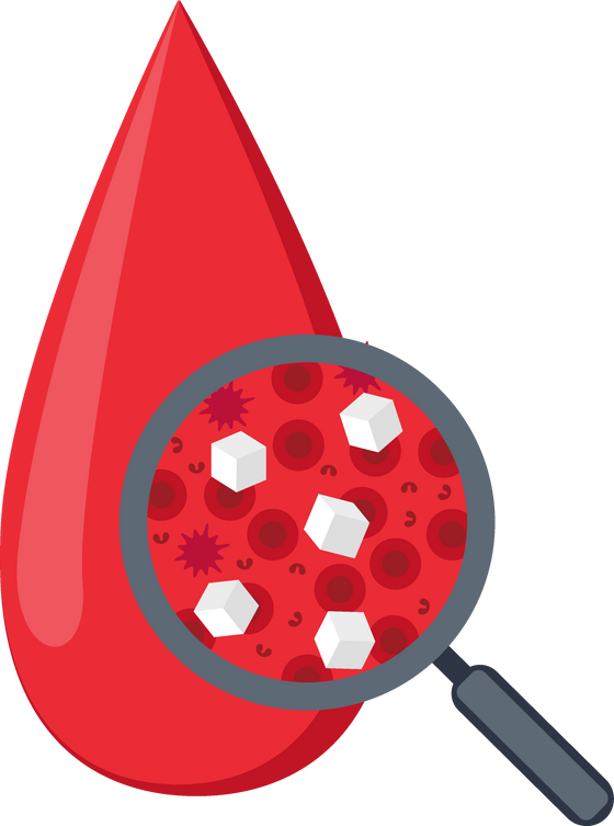 Blood drop with sugar pieces inside. Testing blood glucose c